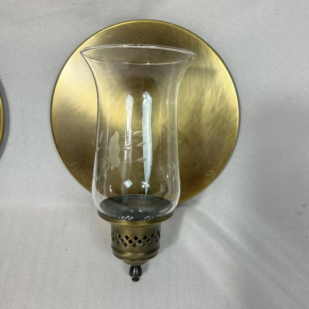 Vintage Brass Wall Sconces Pair Etched Glass Hurricane Shades Round Backplates